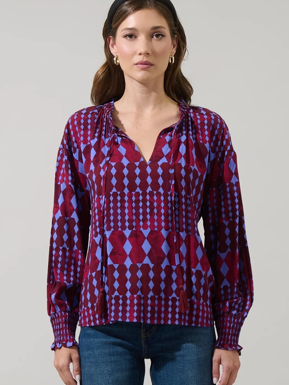 Sugarlips Ramsay Abstract Weylin Split Neck Tassel Blouse Size Large